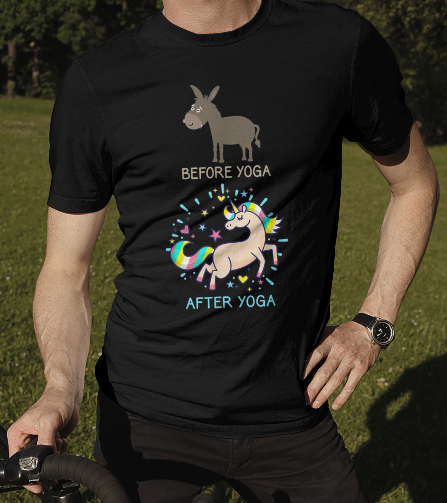 Before Yoga Donkey After Yoga Fantasy Unicorn Transformation T-Shirt