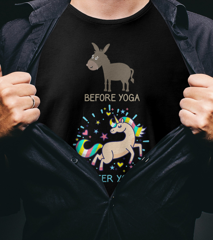 Before Yoga Donkey After Yoga Fantasy Unicorn Transformation T-Shirt