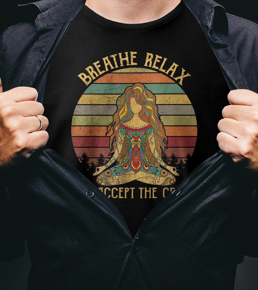 Breathe Relax And Accept The Crazy Yoga Vintage Meditative Woman In Rainbow Stripes T-Shirt