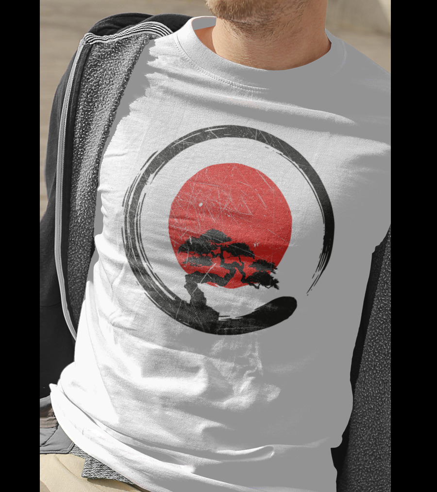 Buddhism Meditation Enso Circle With Red Sun And Bonsai Tree Zen Yoga T-Shirt