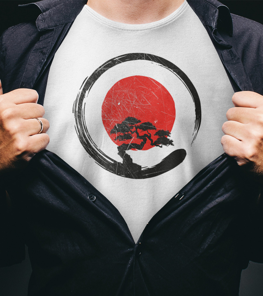 Buddhism Meditation Enso Circle With Red Sun And Bonsai Tree Zen Yoga T-Shirt