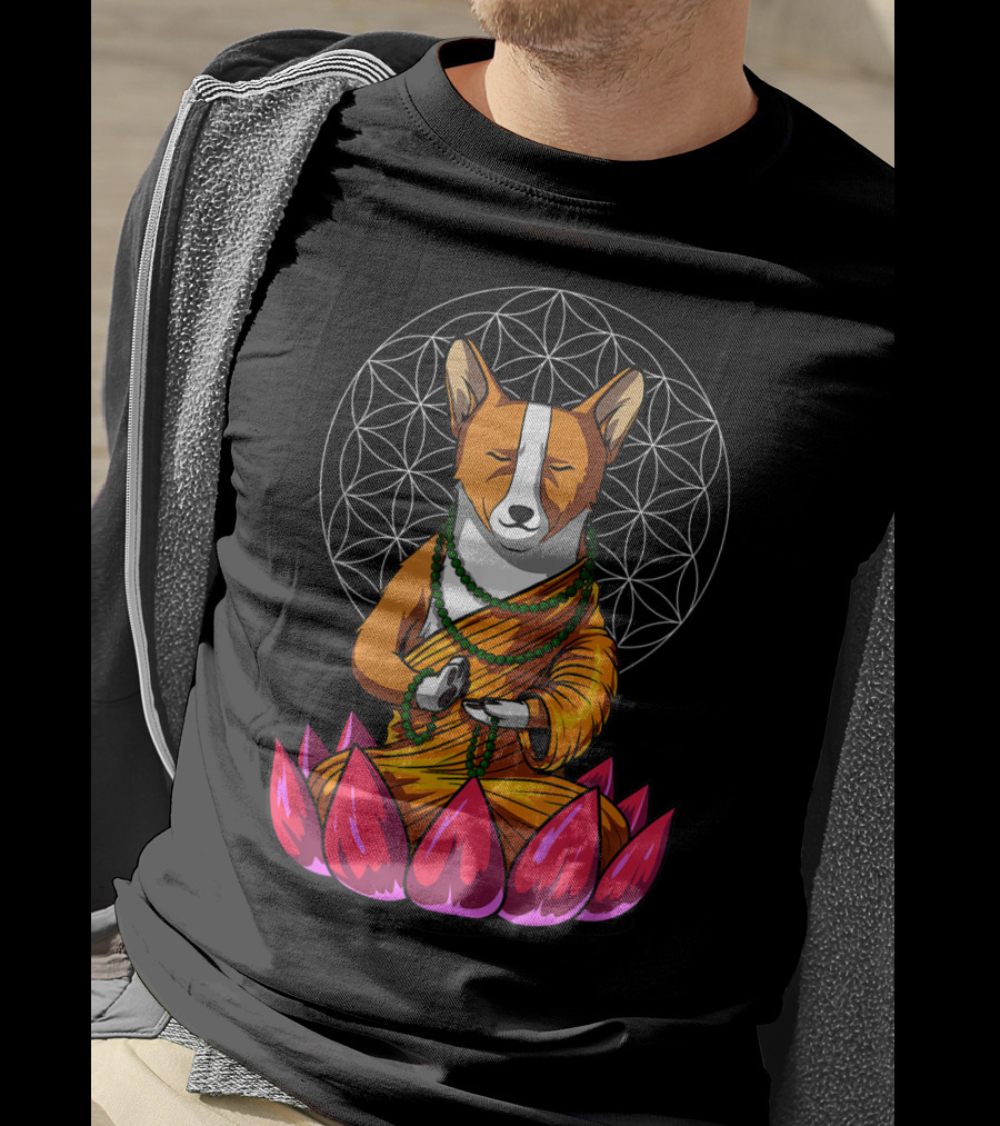 Corgi Dog Meditating In Buddha Pose With Lotus And Mandala Background T-Shirt