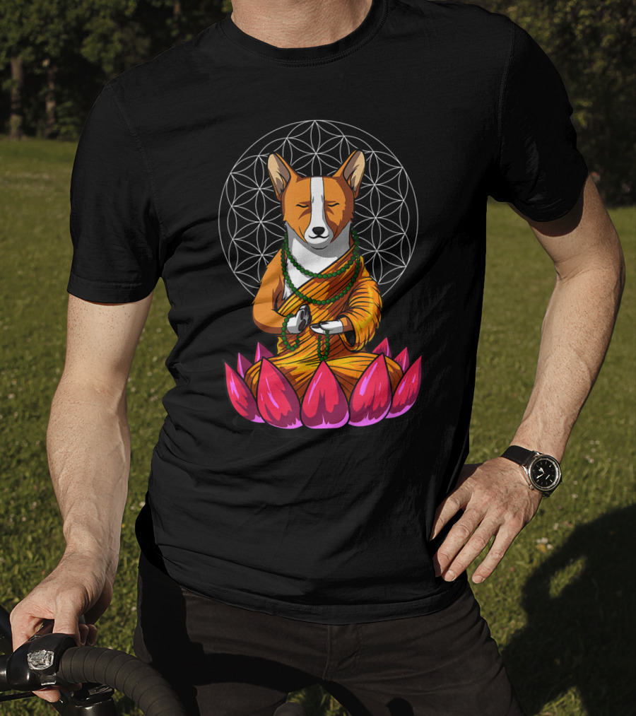 Corgi Dog Meditating In Buddha Pose With Lotus And Mandala Background T-Shirt