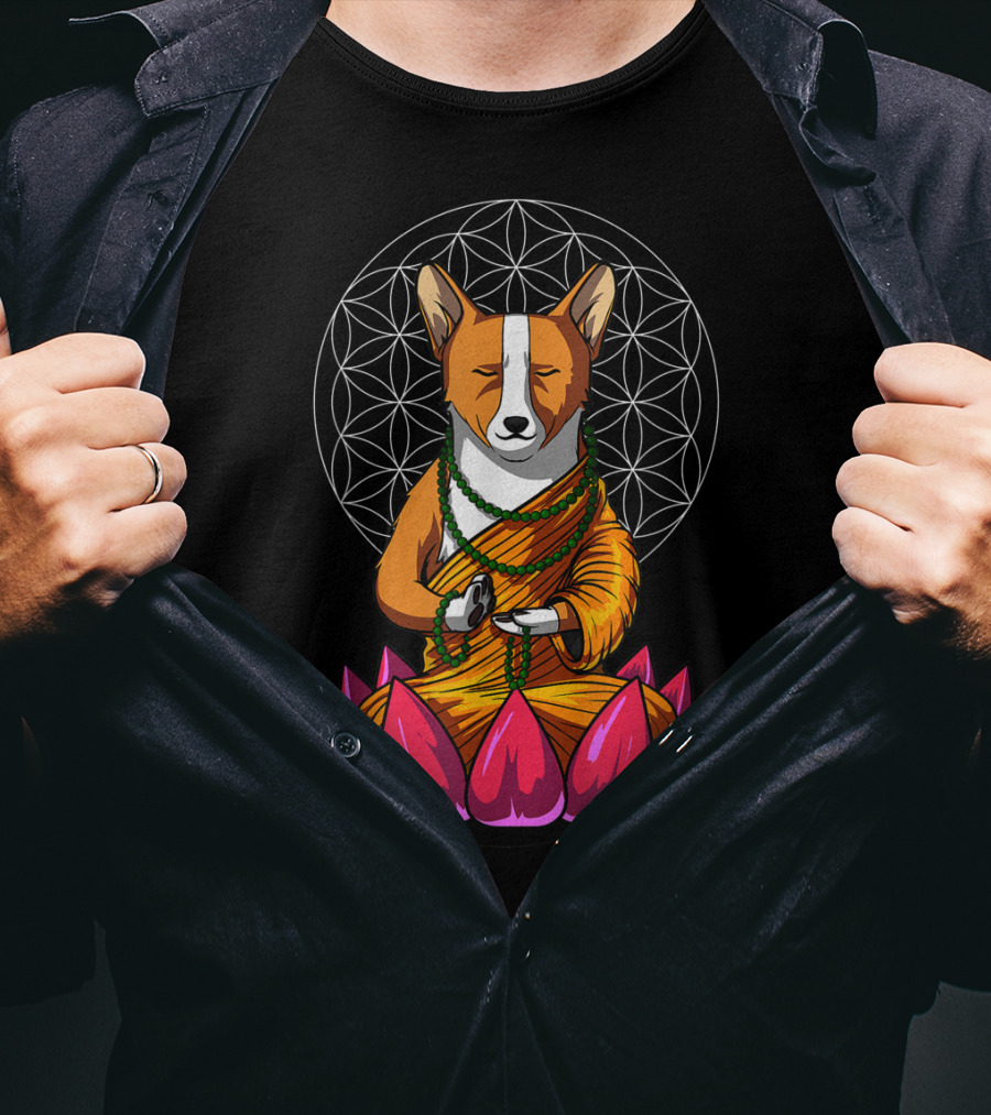 Corgi Dog Meditating In Buddha Pose With Lotus And Mandala Background T-Shirt