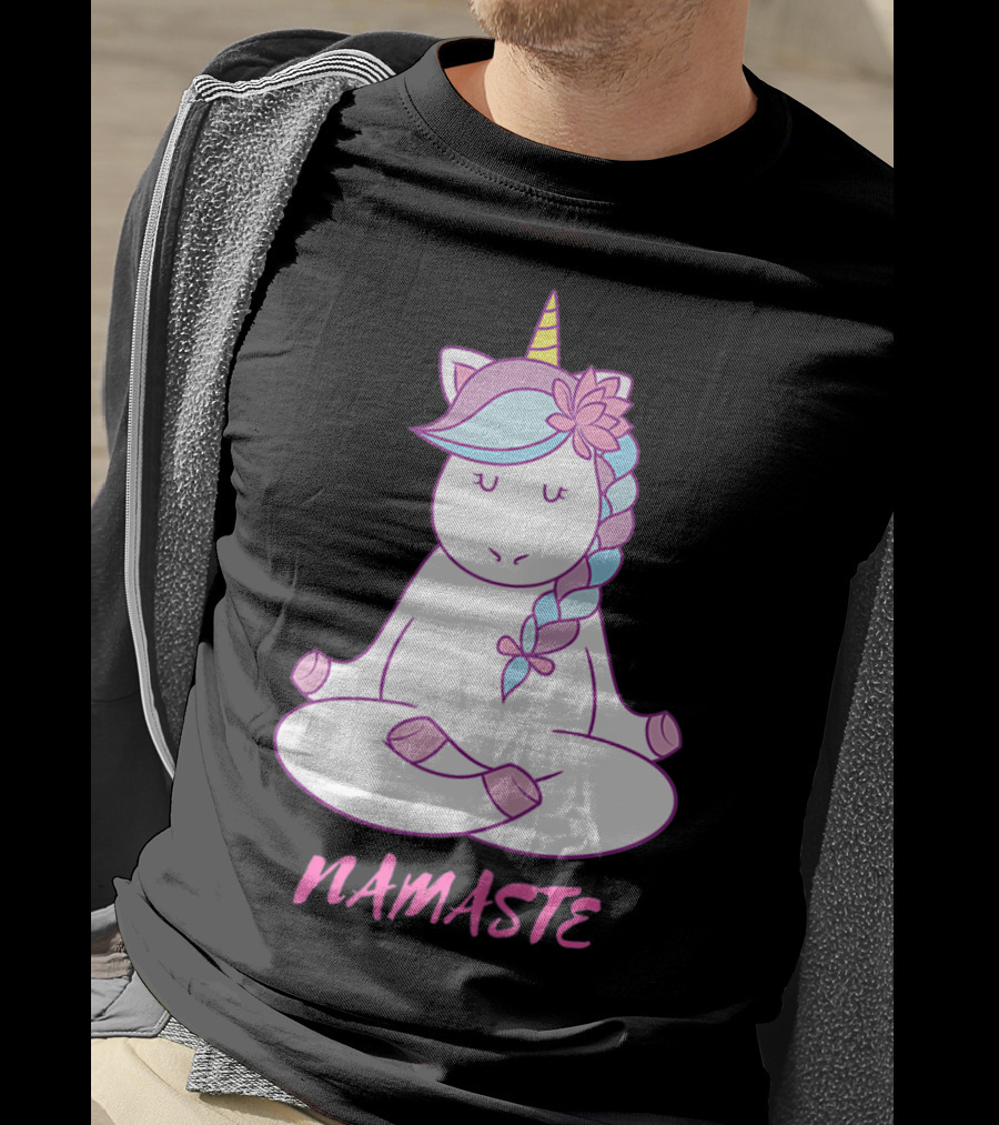 Namaste Unicorn Meditation Yoga Pose With Om Symbol And Flower Mane T-Shirt