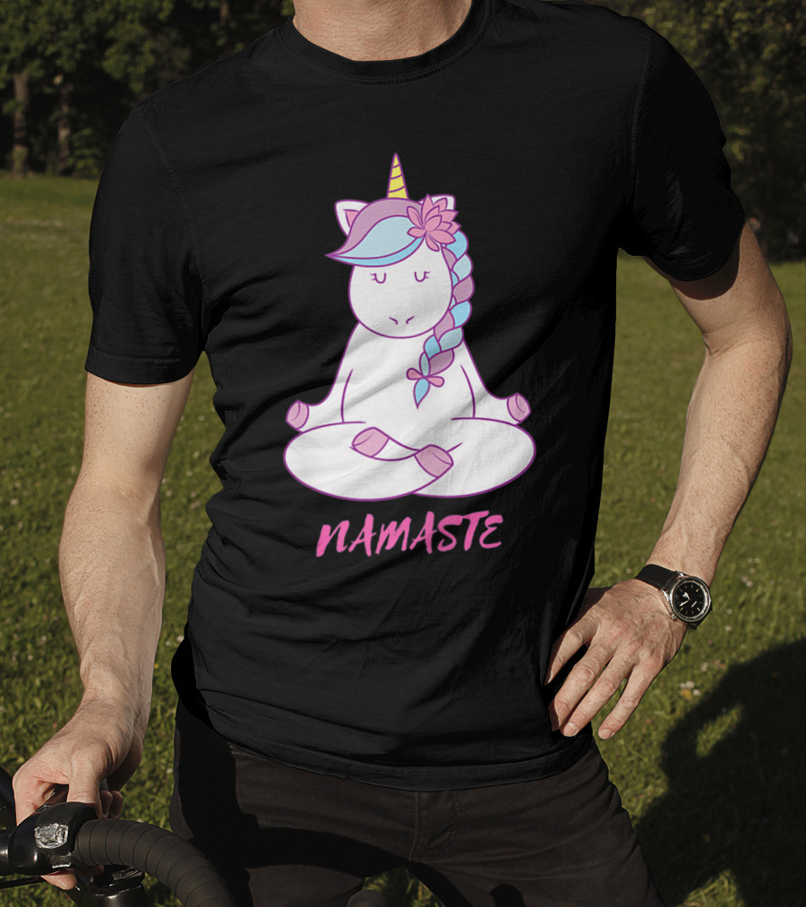 Namaste Unicorn Meditation Yoga Pose With Om Symbol And Flower Mane T-Shirt