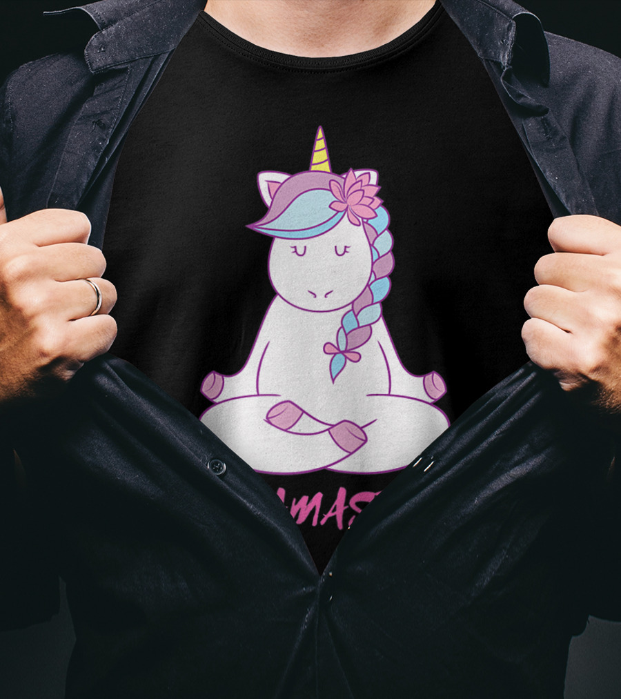 Namaste Unicorn Meditation Yoga Pose With Om Symbol And Flower Mane T-Shirt