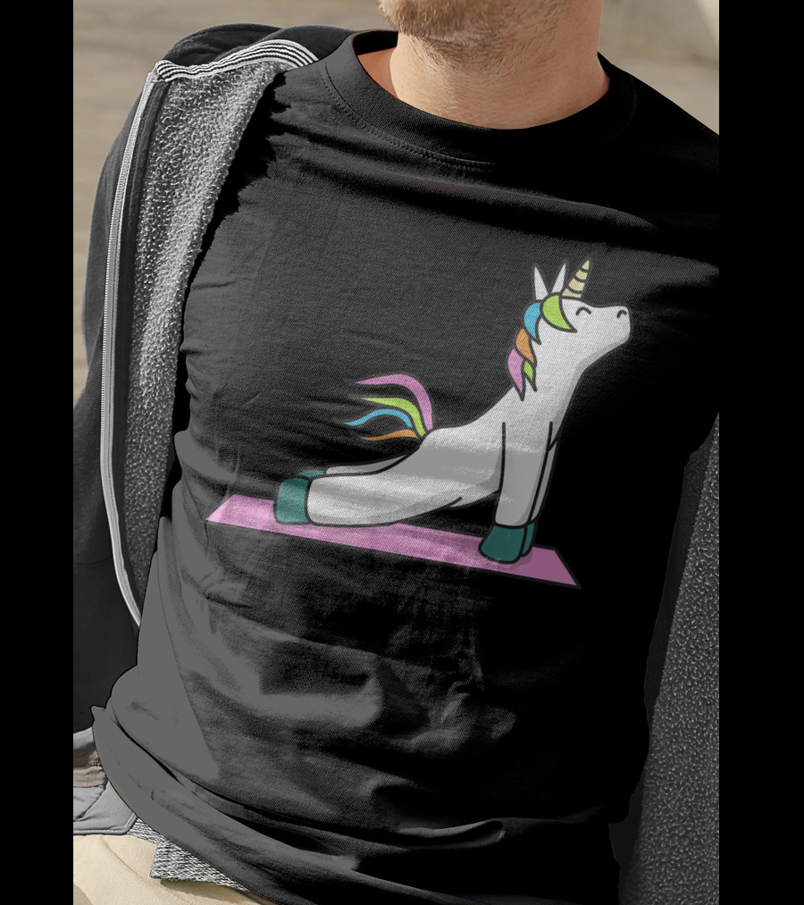 Cute Yoga Unicorn Meditation Fitness Pose With Rainbow Mane T-Shirt