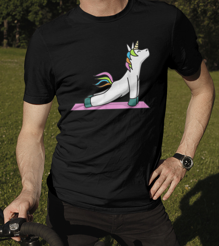 Cute Yoga Unicorn Meditation Fitness Pose With Rainbow Mane T-Shirt