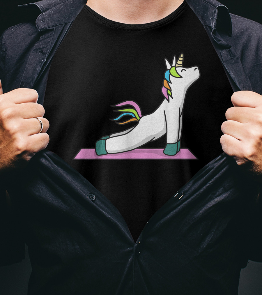 Cute Yoga Unicorn Meditation Fitness Pose With Rainbow Mane T-Shirt