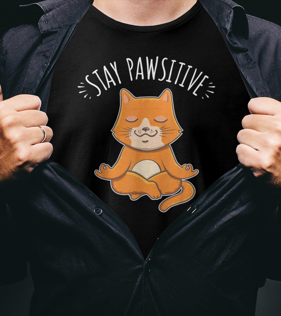 Stay Pawsitive Funny Cat Yoga Meditation T-Shirt