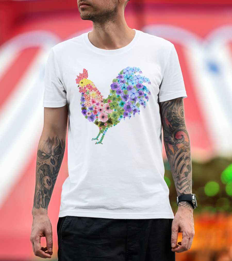 CHICKEN Flower Patterned Rooster with Vibrant Floral Colors T-Shirt