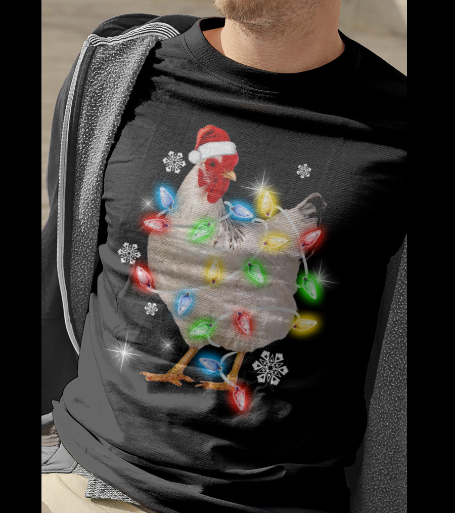Chicken Noel Christmas Lights Santa Hat Snowflakes T-Shirt