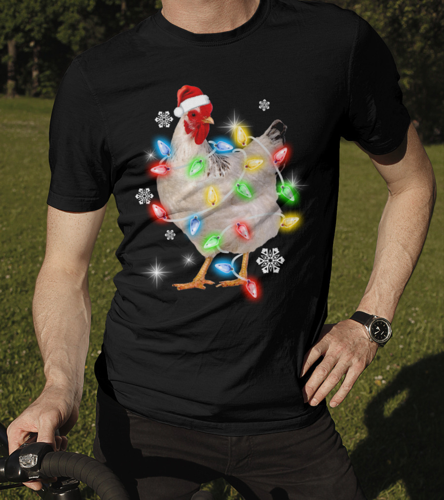 Chicken Noel Christmas Lights Santa Hat Snowflakes T-Shirt
