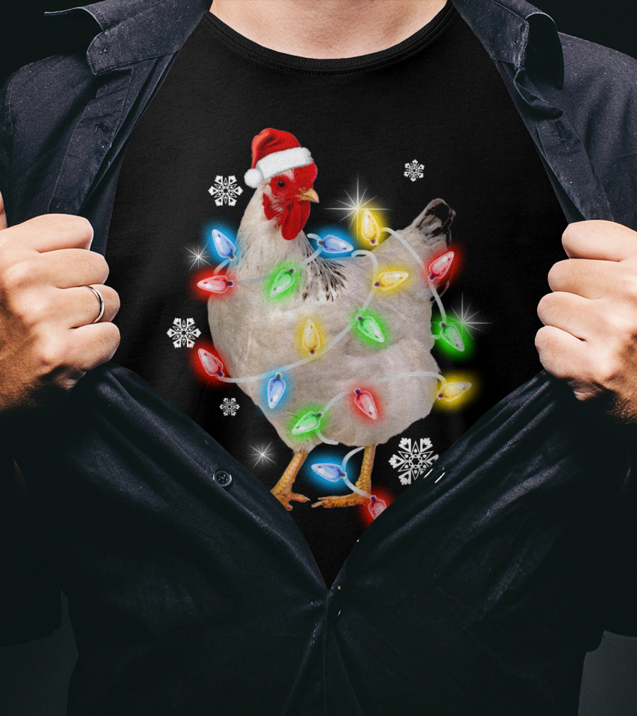 Chicken Noel Christmas Lights Santa Hat Snowflakes T-Shirt