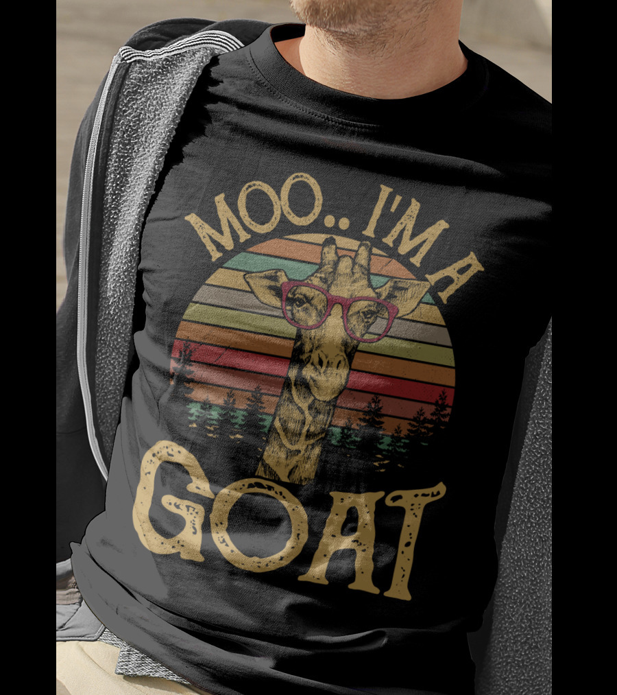 Moo I'm A Goat Retro Giraffe With Glasses And Forest Sunset T-Shirt
