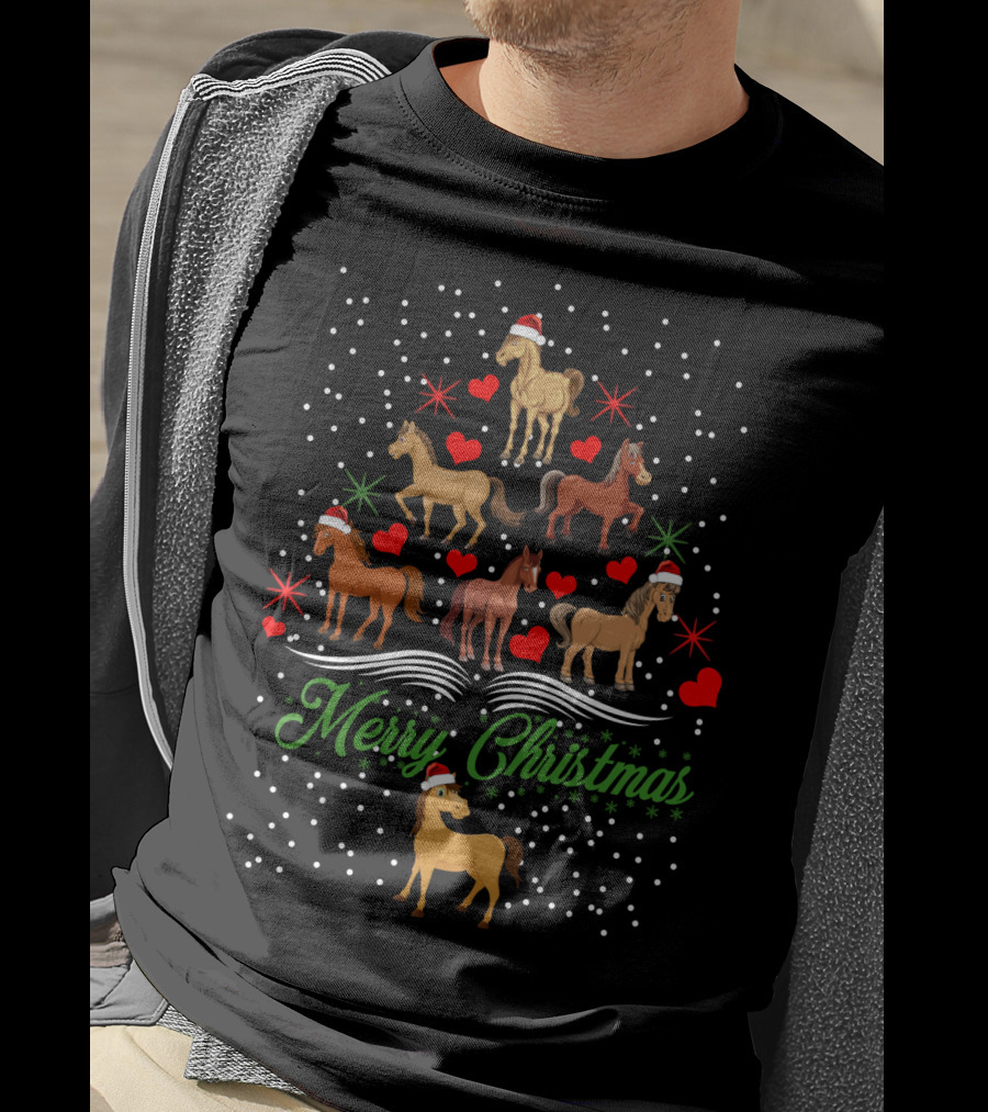 Merry Christmas Horses Santa Hats Hearts Snowflakes T-Shirt