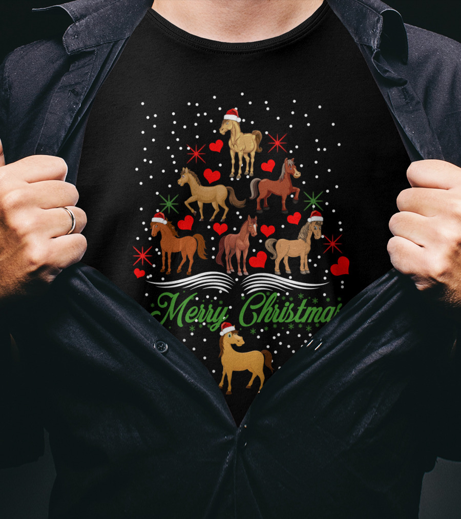 Merry Christmas Horses Santa Hats Hearts Snowflakes T-Shirt