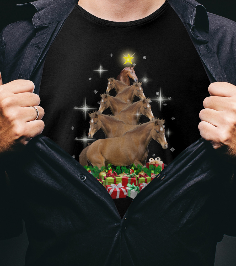 Horse Christmas Tree With Star And Gifts T-Shirt
