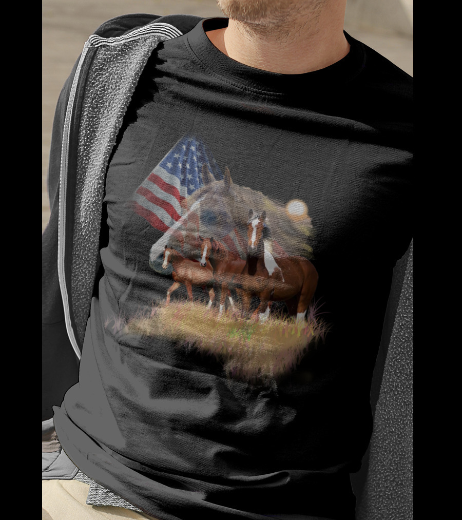 American Flag Majestic Horse Trio T-Shirt