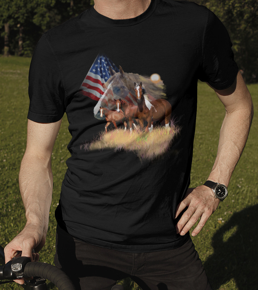 American Flag Majestic Horse Trio T-Shirt