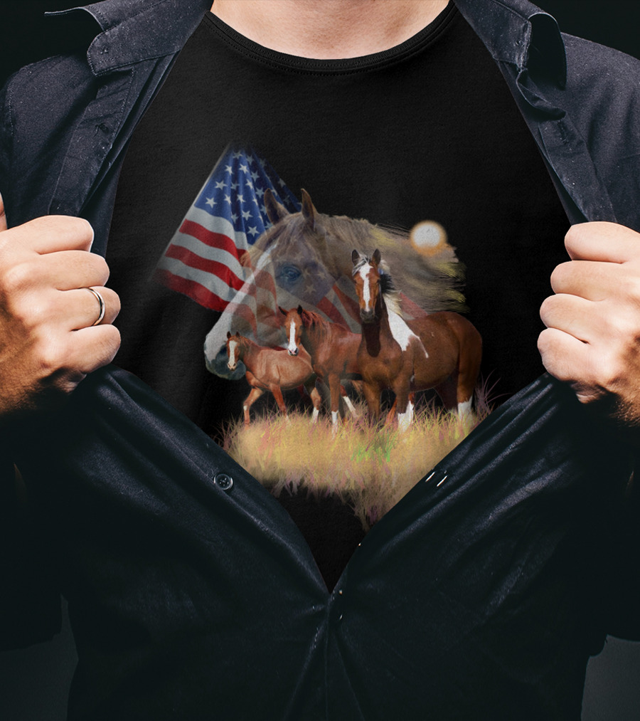 American Flag Majestic Horse Trio T-Shirt