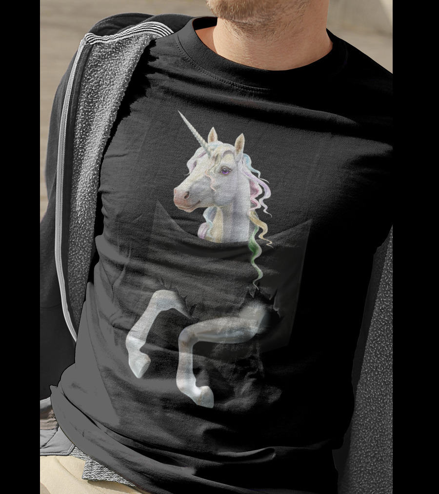 Unicorn Peeking From Torn Pocket T-Shirt