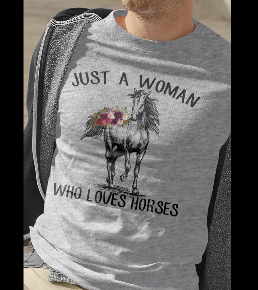 Just A Woman Who Loves Horses With Floral Horse Drawing T-Shirt