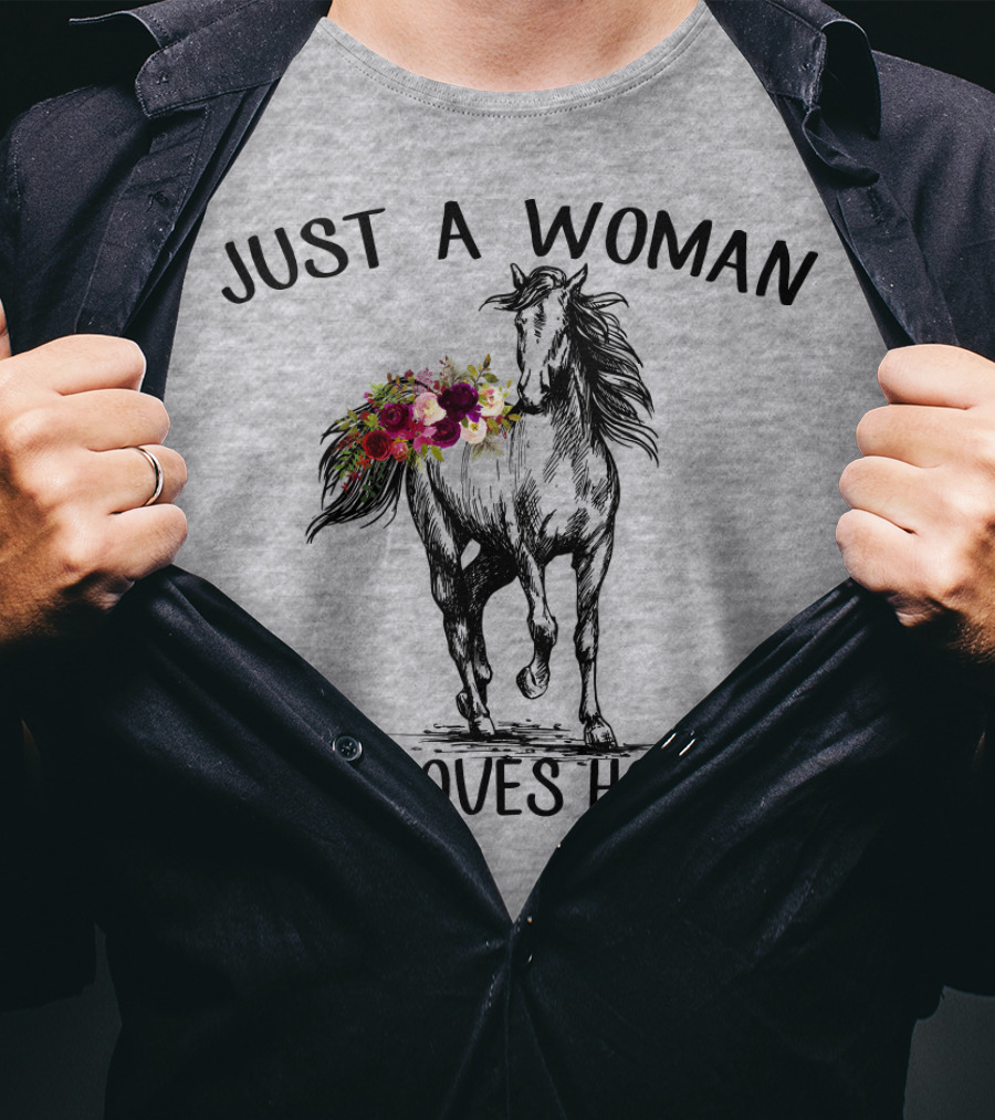 Just A Woman Who Loves Horses With Floral Horse Drawing T-Shirt