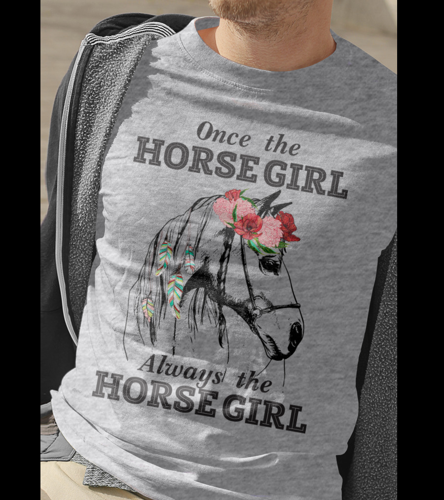 Once The HORSE GIRL Always The HORSE GIRL Floral Feather Adorned Horse T-Shirt