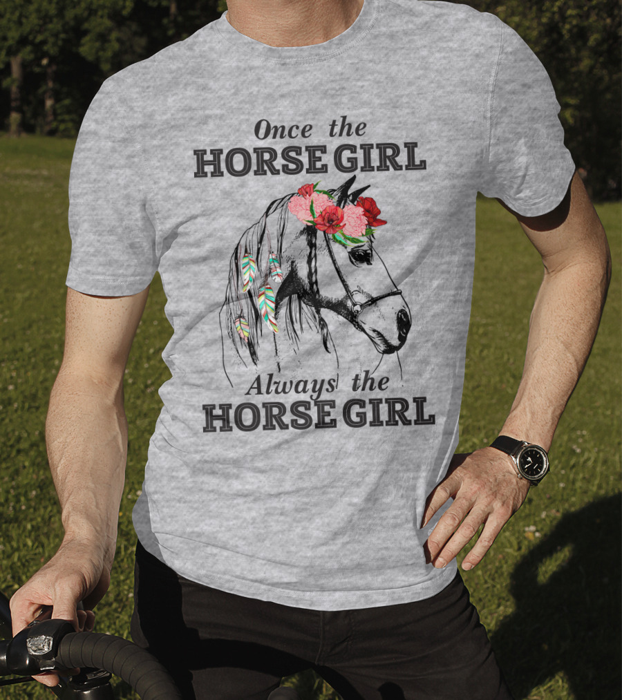 Once The HORSE GIRL Always The HORSE GIRL Floral Feather Adorned Horse T-Shirt
