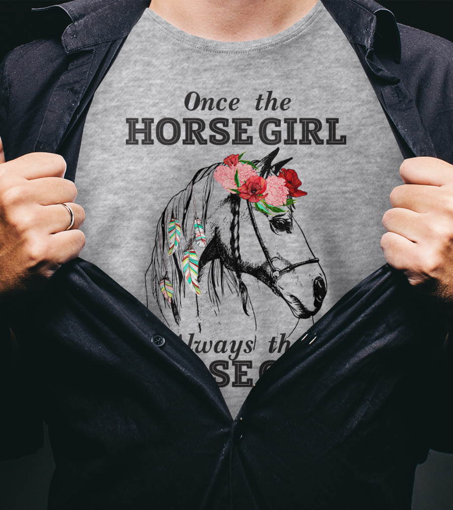Once The HORSE GIRL Always The HORSE GIRL Floral Feather Adorned Horse T-Shirt