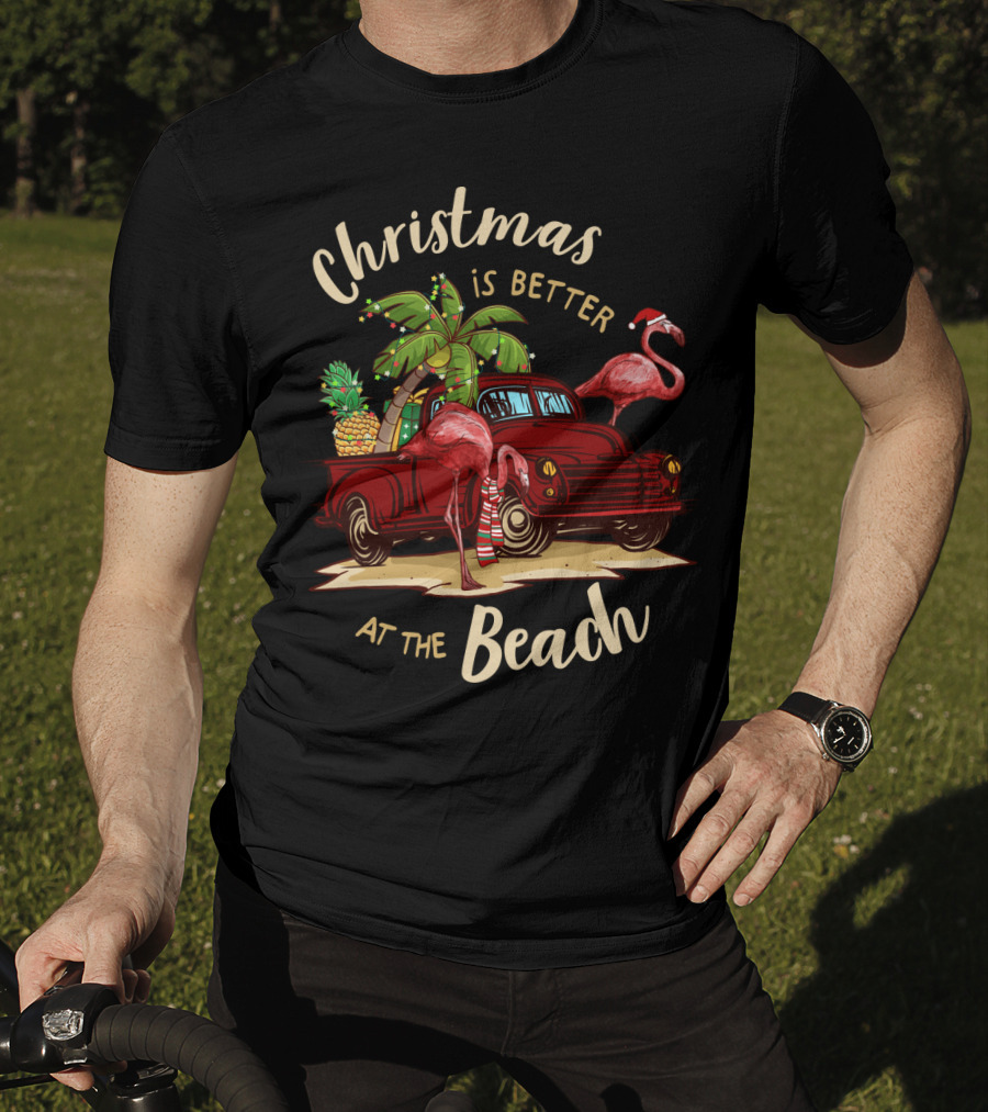 Christmas Is Better At The Beach With Flamingos And Palm Trees T-Shirt