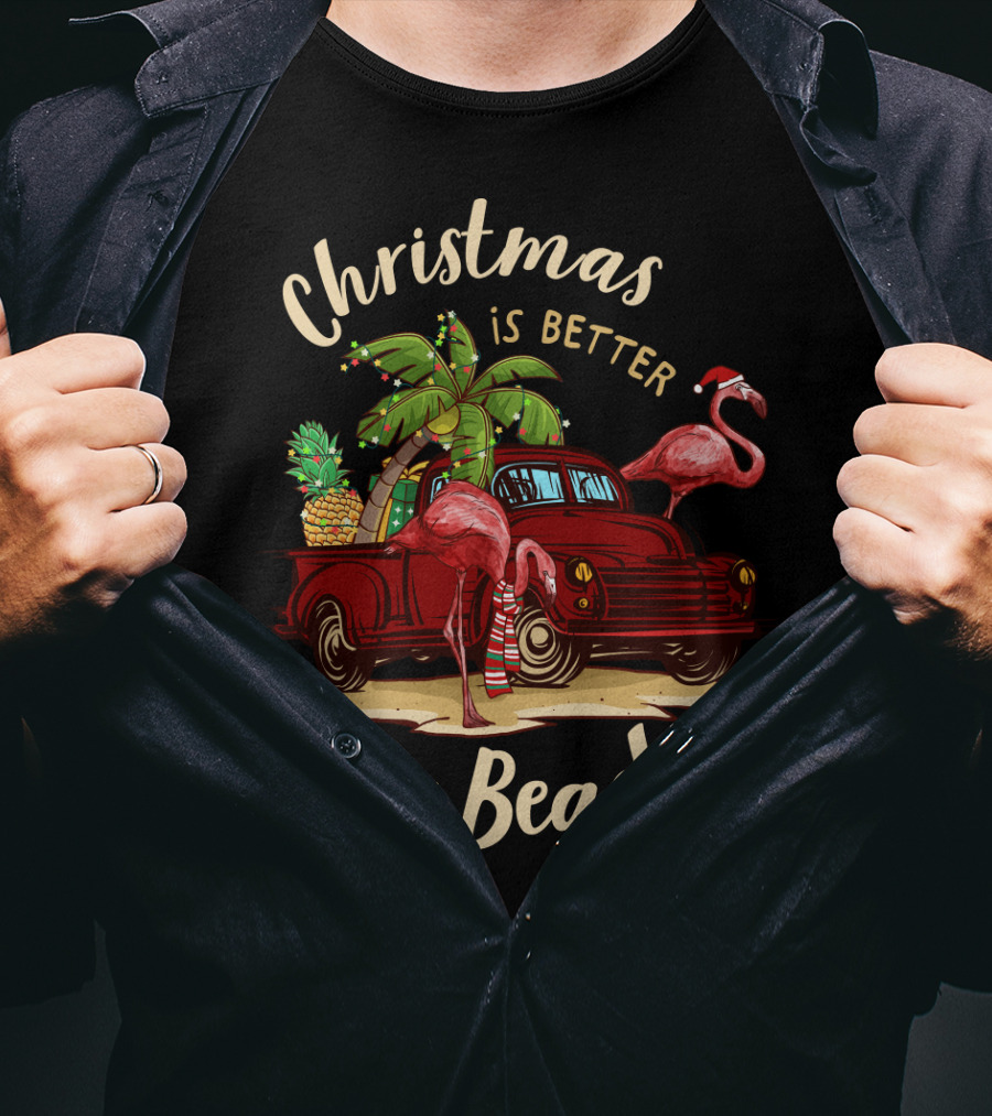 Christmas Is Better At The Beach With Flamingos And Palm Trees T-Shirt