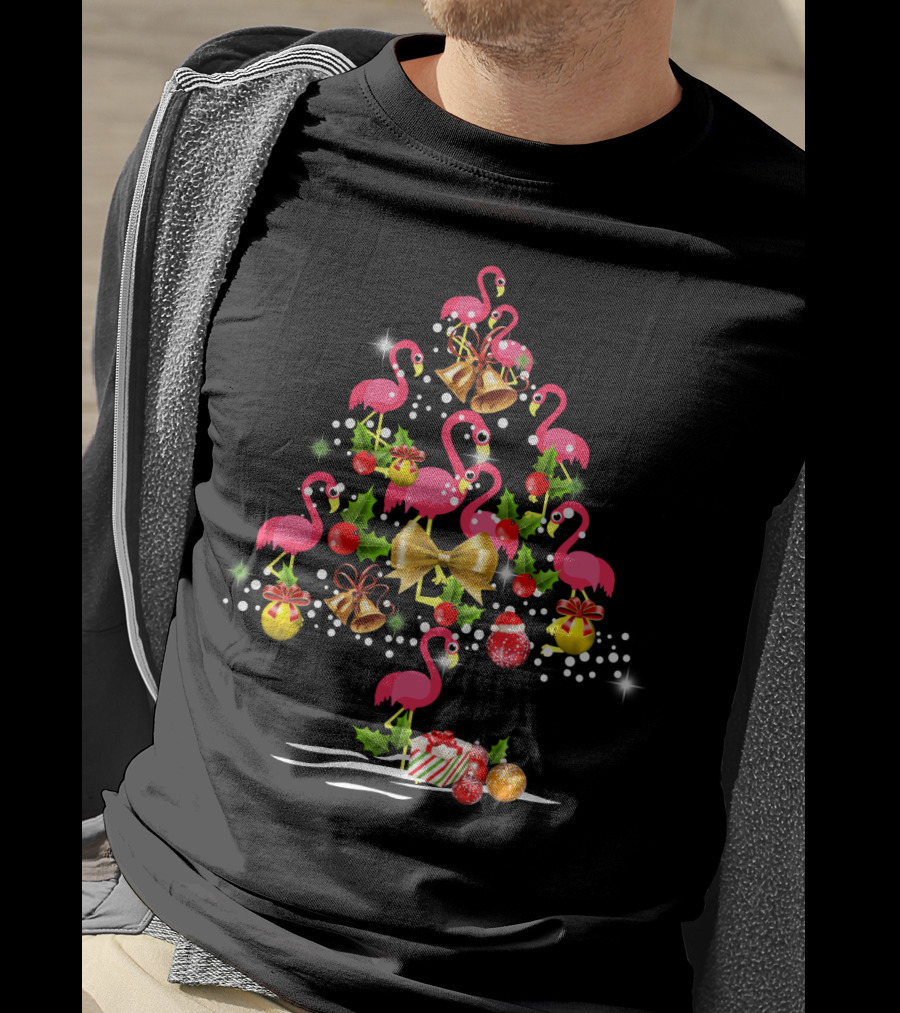 Flamingo Christmas Tree Festive Ornaments And Bells T-Shirt