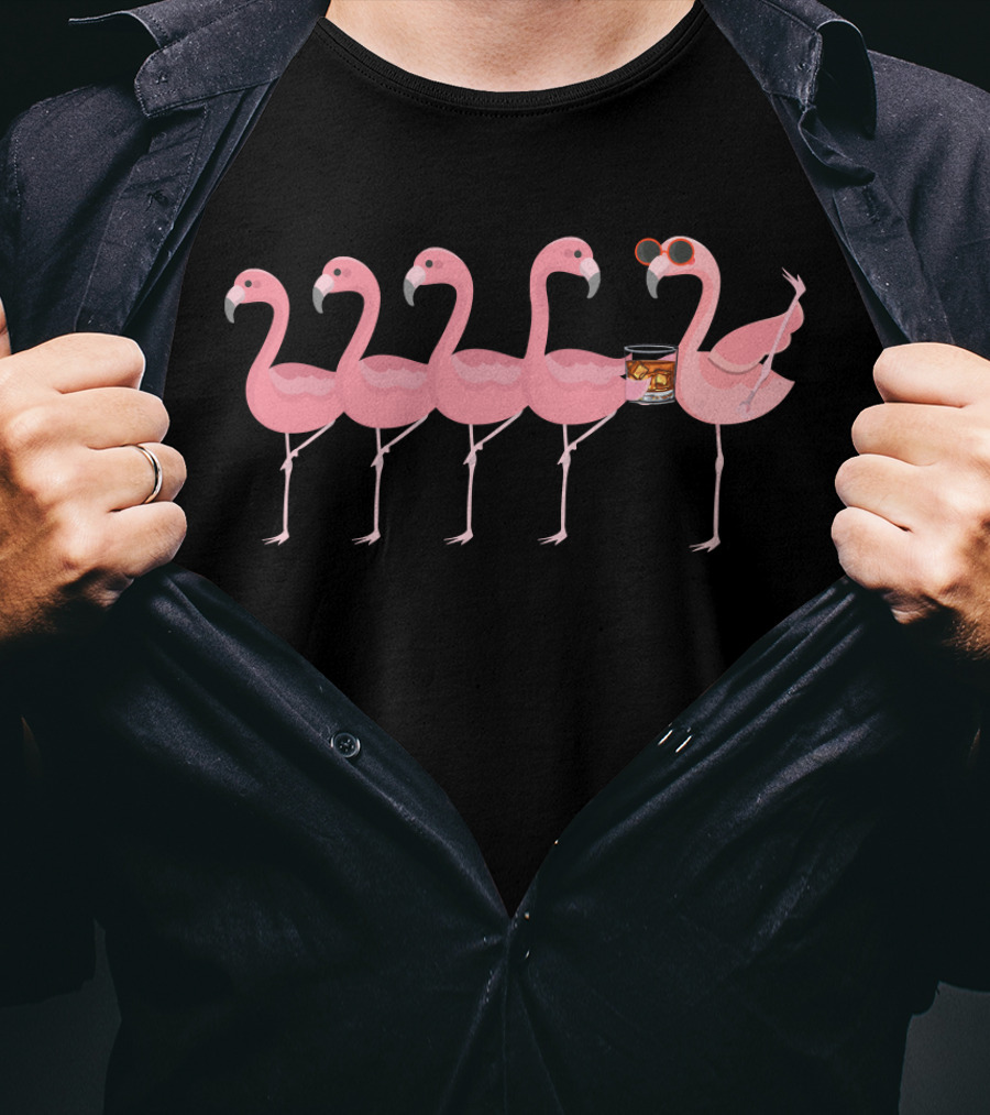 Whiskey Flamingos Lineup With Sunglasses And Drink T-Shirt