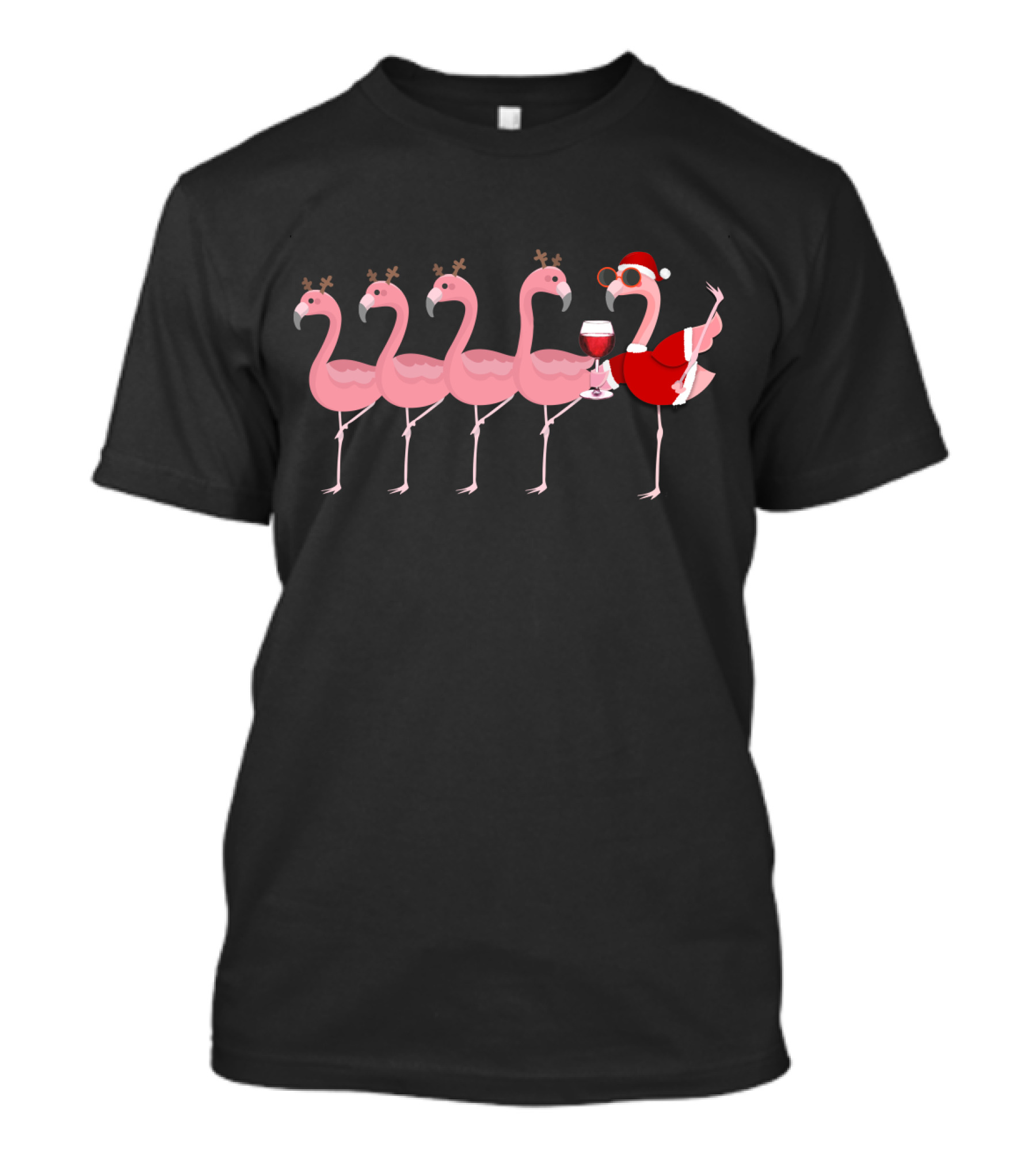 Christmas Flamingo Wine Santa Glass Holiday Party Reindeer Antlers T-Shirt