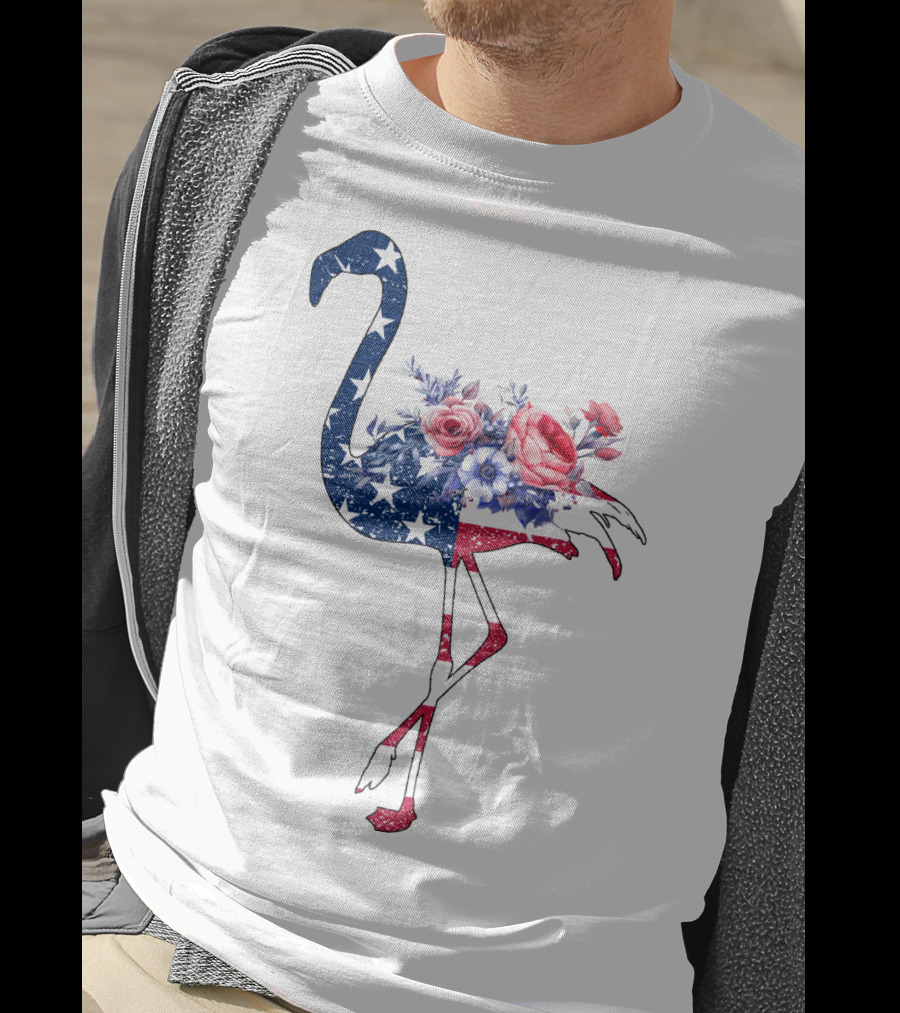Flamingo American Flag Stars And Stripes With Floral T-Shirt