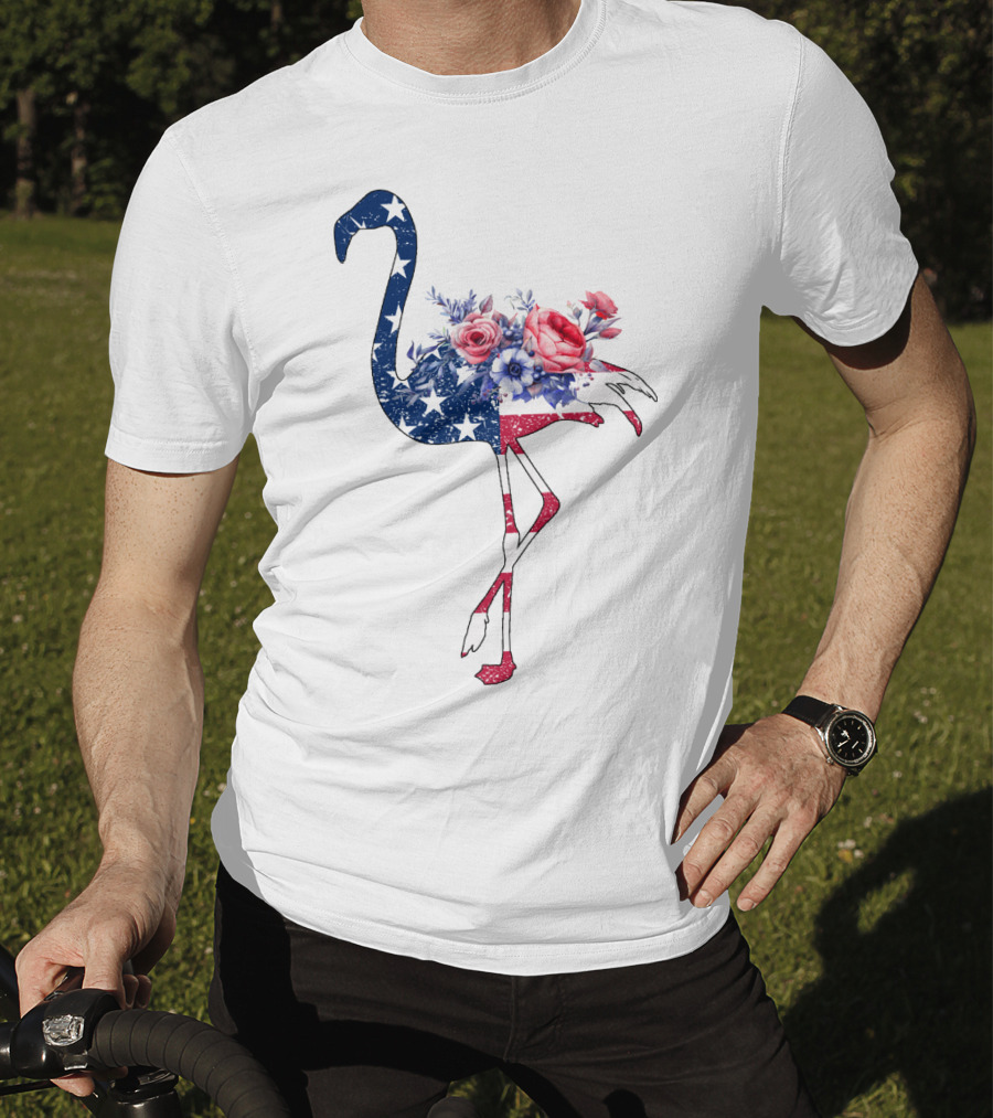 Flamingo American Flag Stars And Stripes With Floral T-Shirt