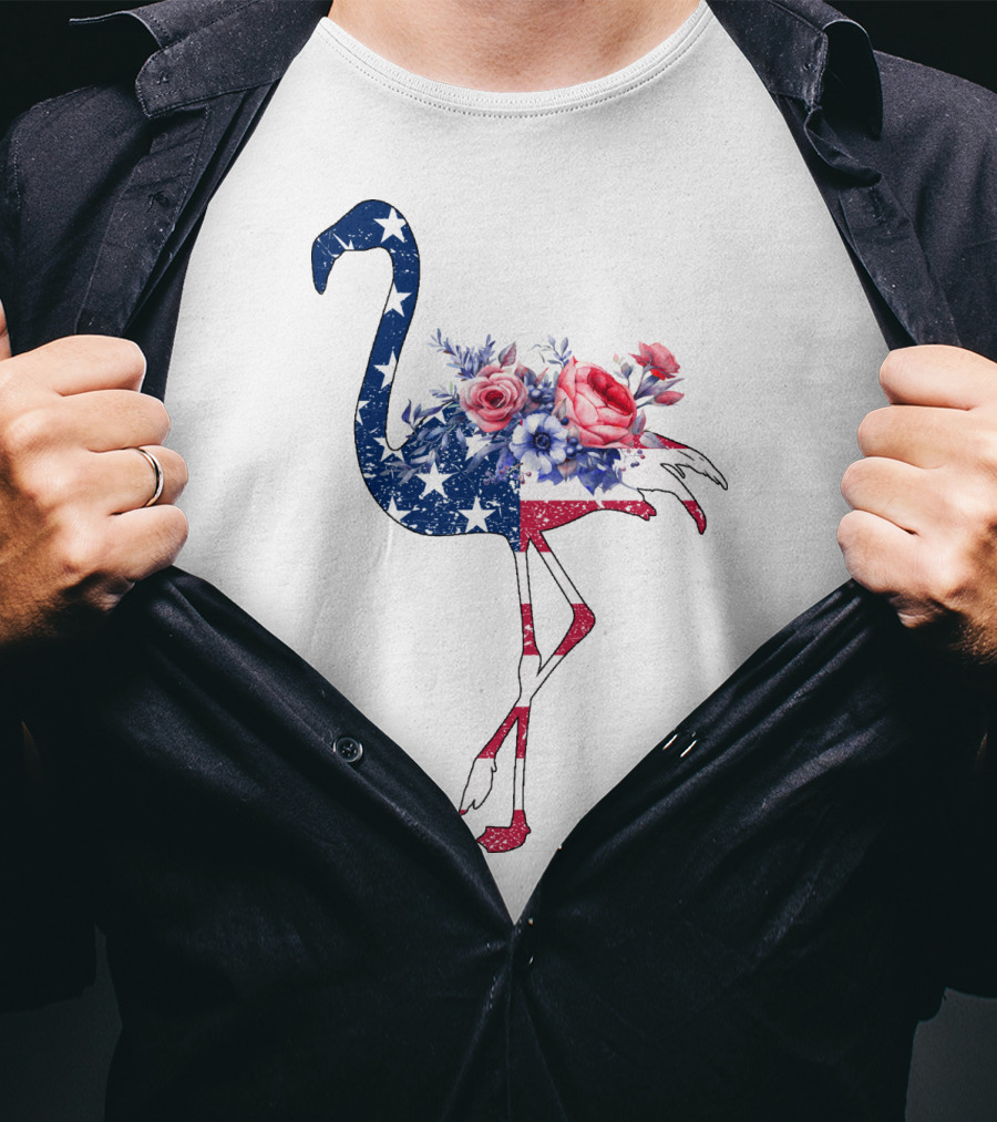Flamingo American Flag Stars And Stripes With Floral T-Shirt
