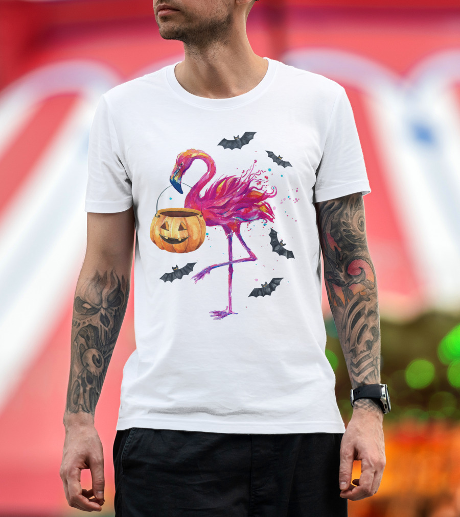 Flamingo with Halloween Pumpkin and Flying Bats T-Shirt