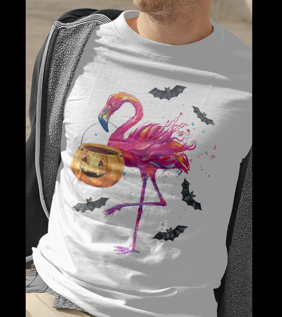 Flamingo With Halloween Pumpkin And Flying Bats T-Shirt