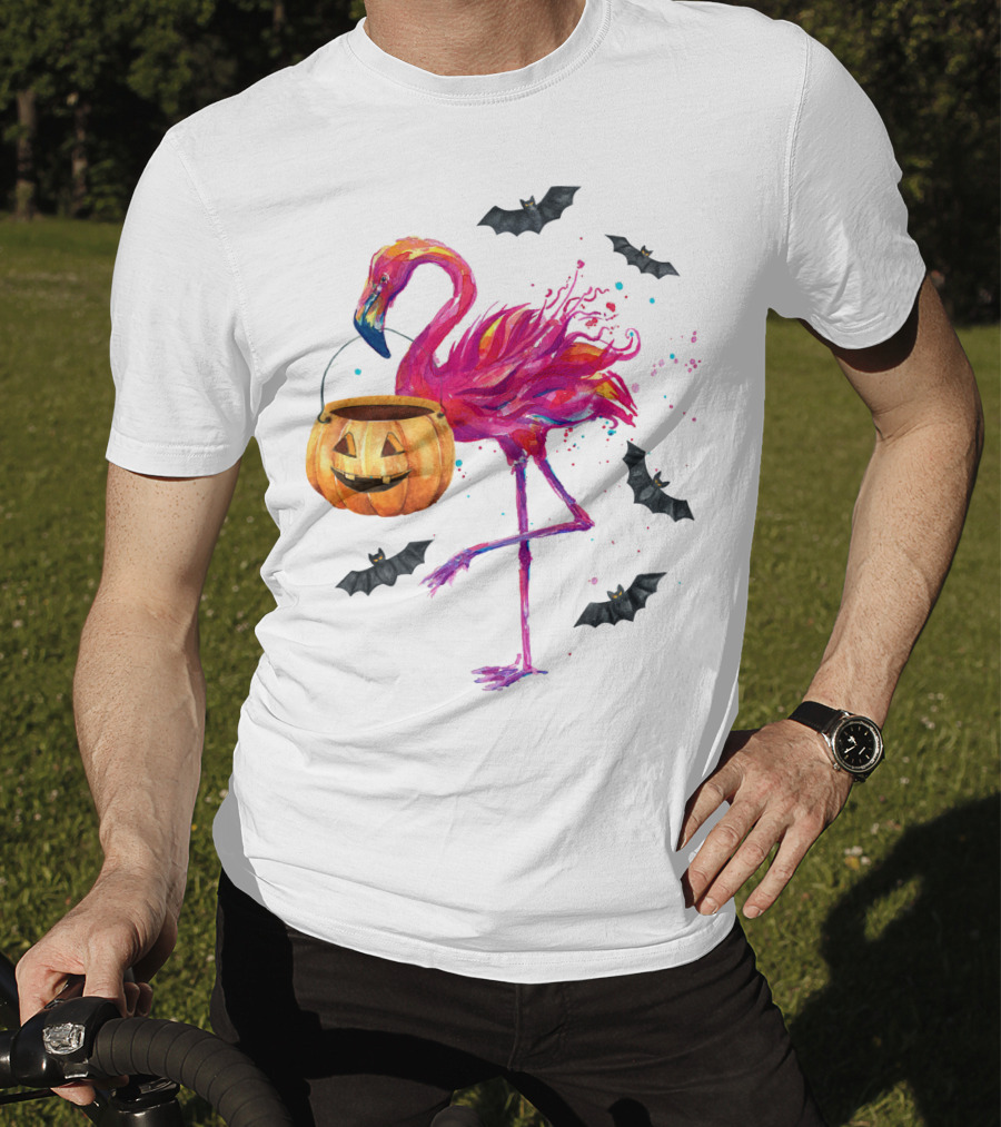 Flamingo With Halloween Pumpkin And Flying Bats T-Shirt