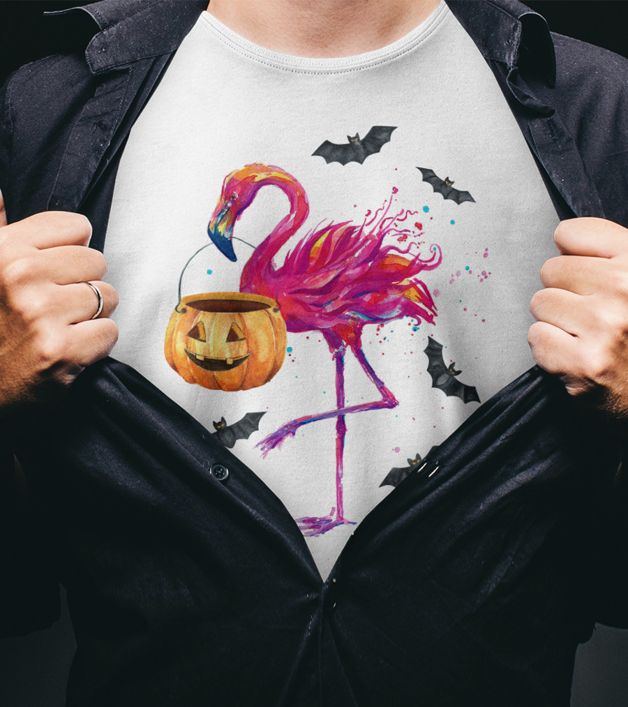 Flamingo With Halloween Pumpkin And Flying Bats T-Shirt
