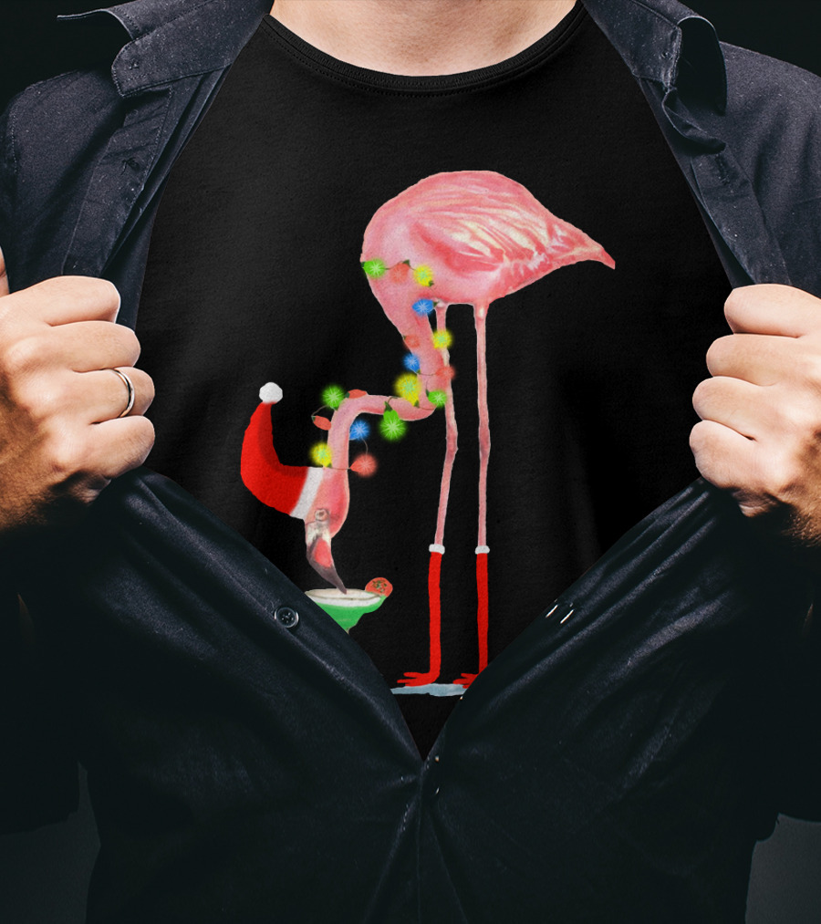 Flamingo Christmas Cocktail Santa Hat And Lights T-Shirt