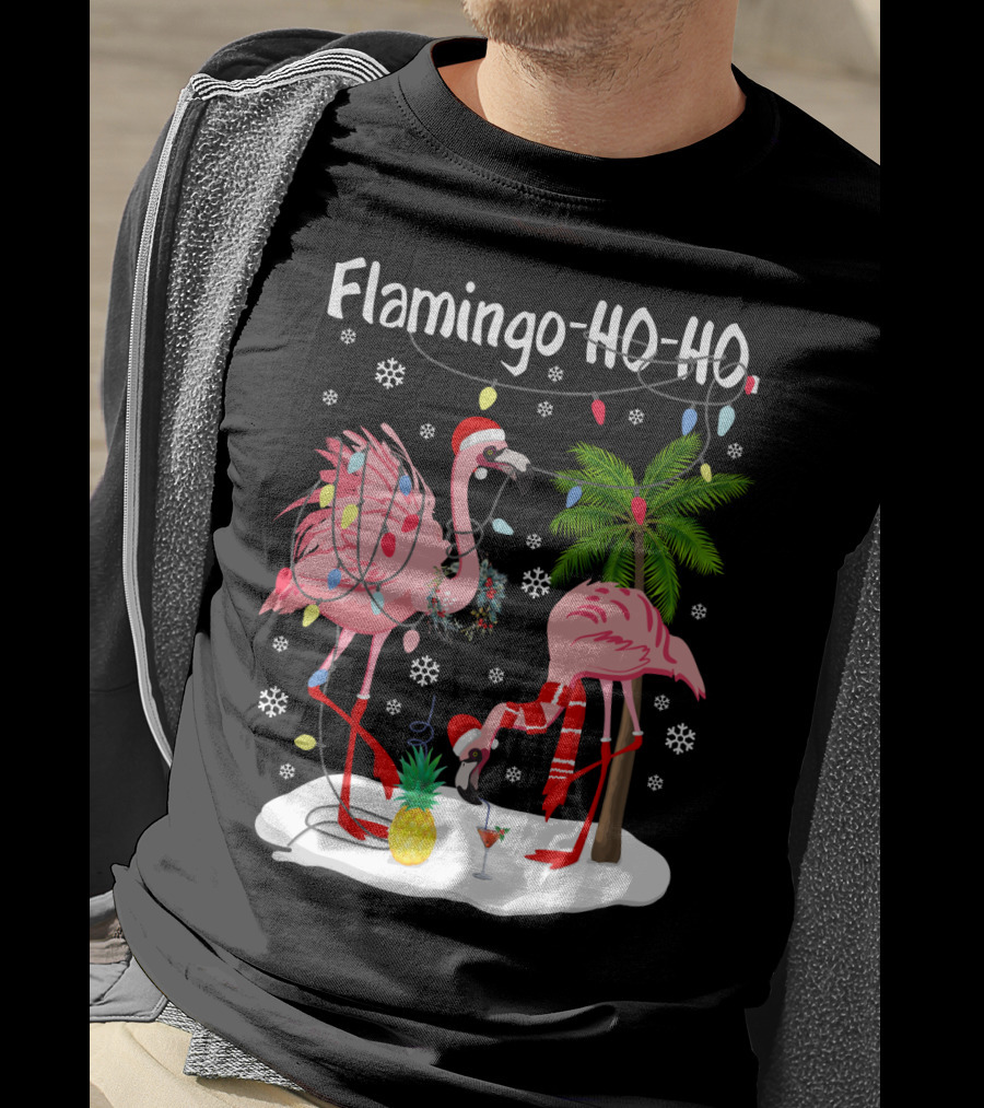 Flamingo HO-HO Christmas Lights And Snowflakes Holiday Scene T-Shirt