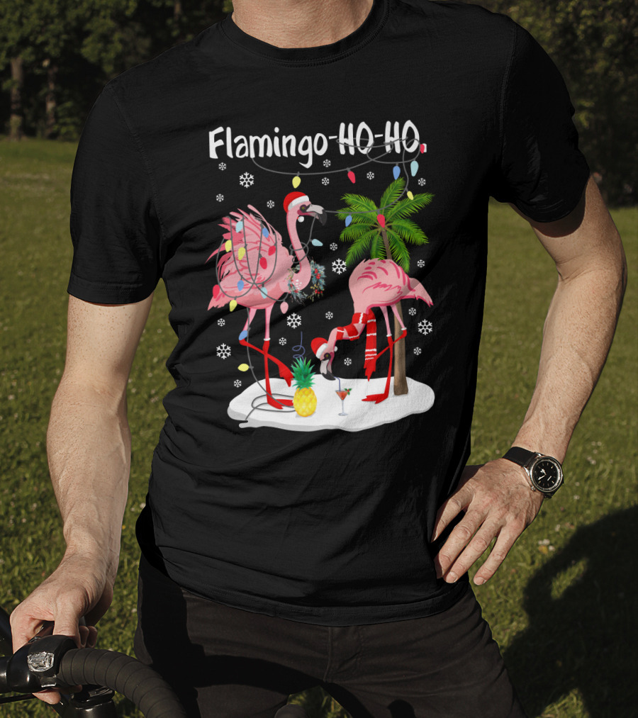 Flamingo HO-HO Christmas Lights And Snowflakes Holiday Scene T-Shirt