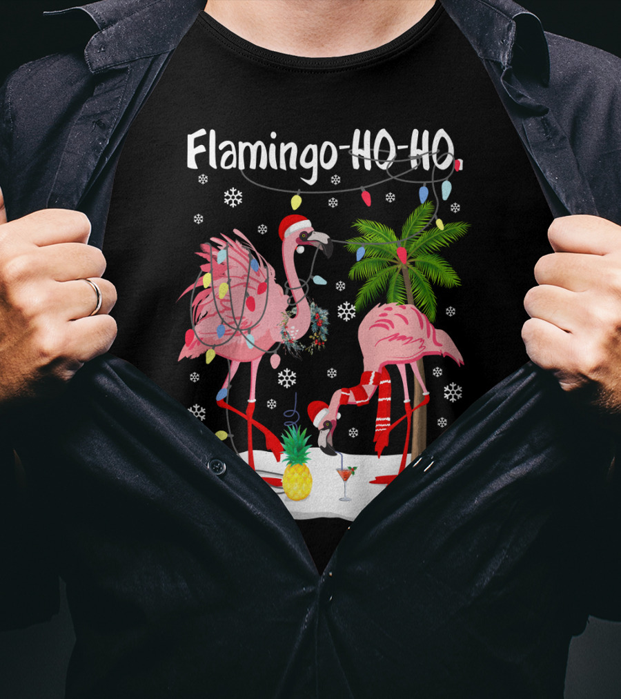 Flamingo HO-HO Christmas Lights And Snowflakes Holiday Scene T-Shirt
