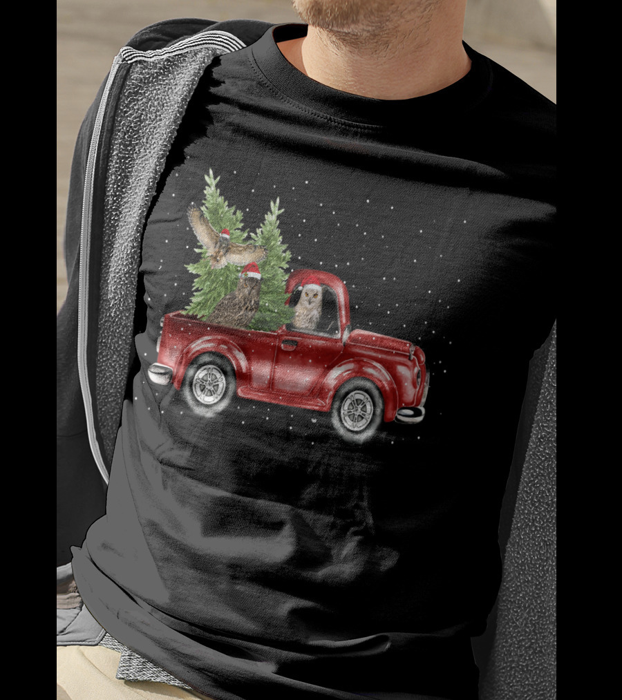 Owl Christmas Red Truck With Santa Hats And Tree T-Shirt