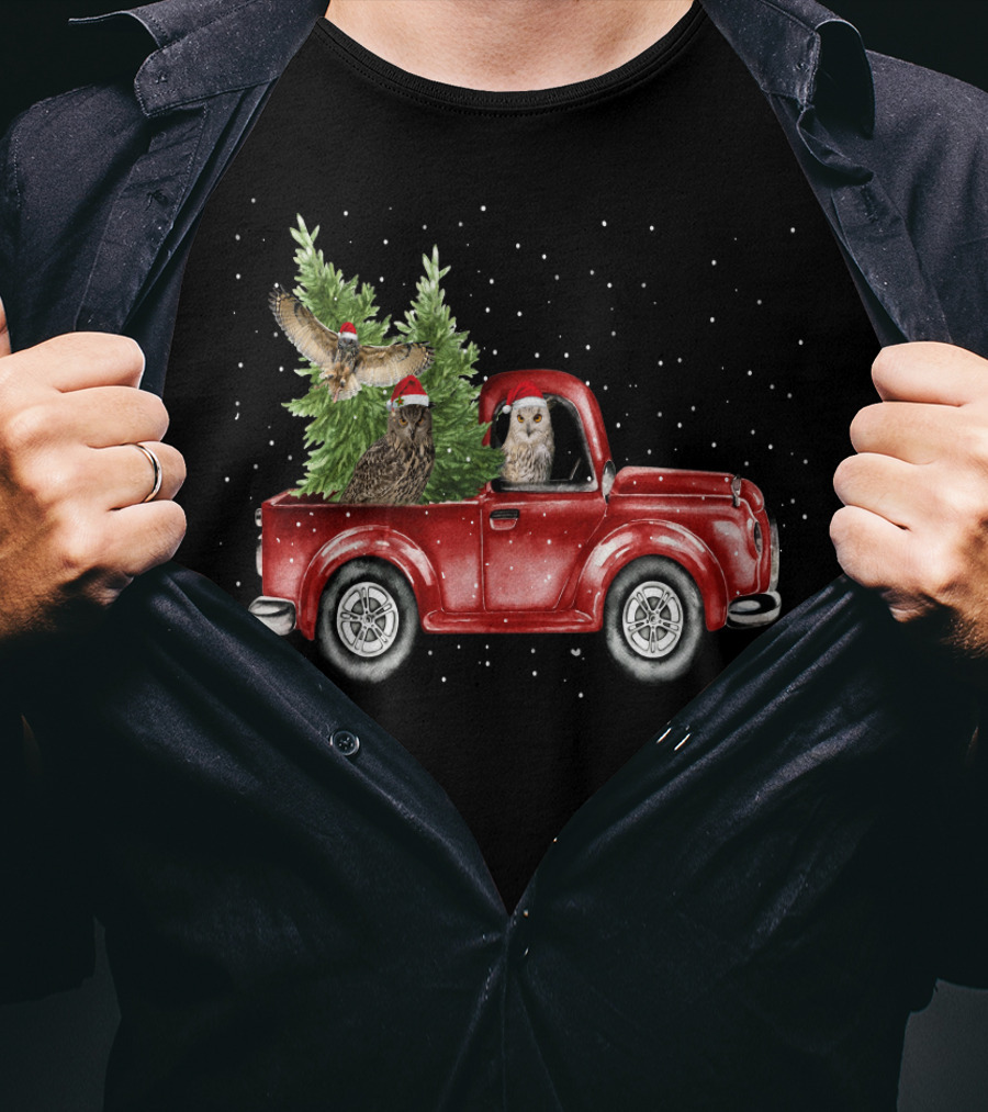 Owl Christmas Red Truck With Santa Hats And Tree T-Shirt